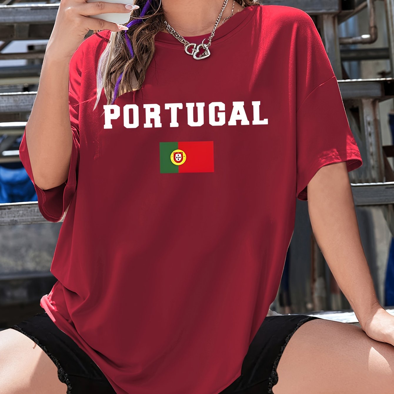 TEMU Women's Loose Fit T-shirt With Portugal Flag Print, Casual Sporty Short Sleeve Top, Comfortable Round Neck Streetwear