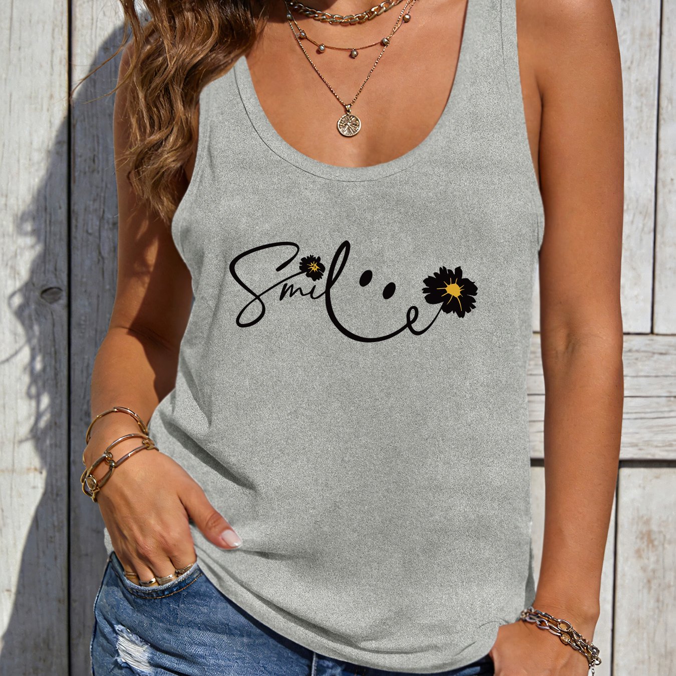 TEMU Women's Casual Round Neck Sleeveless Tank Top, Summer Sleeveless Top With Smiling Print, Fabric, 100% Polyester, Lightweight 180g/mÂ² -