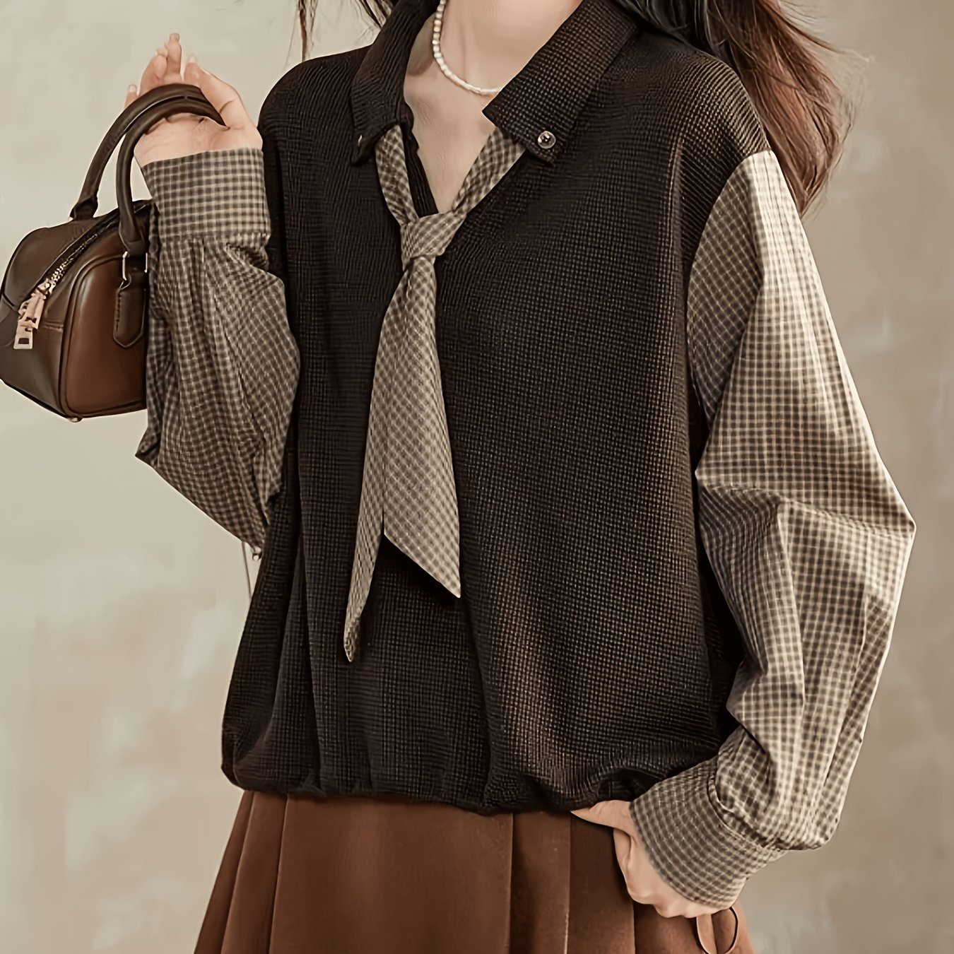TEMU -block Shirt Women's Autumn Winter Loose Trendy Age-reducing Tummy-covering Lazy Style Bow-detail Long Sleeve Top Women