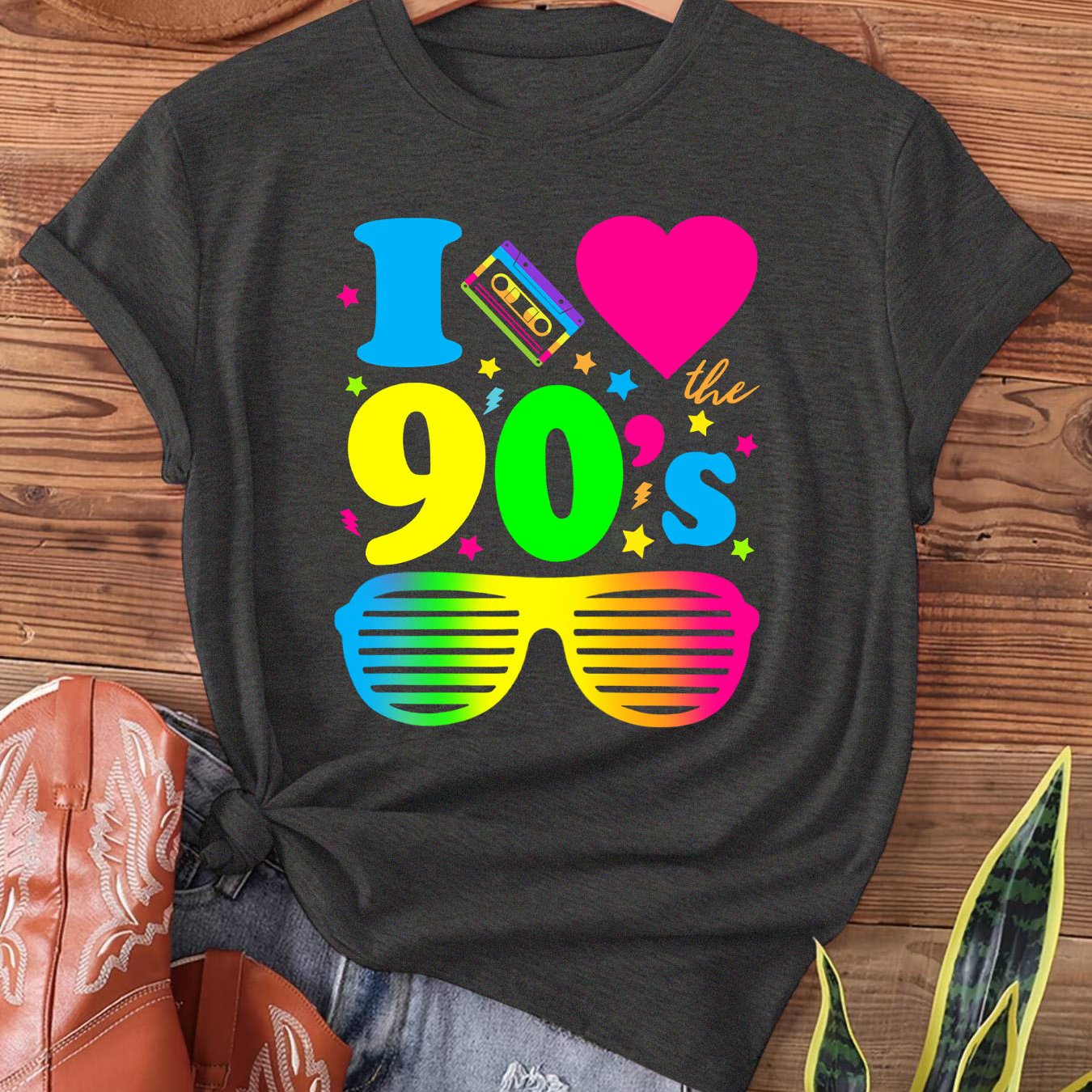 TEMU 90s I Heart The Print T-shirt, Short Sleeve Crew Neck Casual Top For Summer & Spring, Women's Clothing