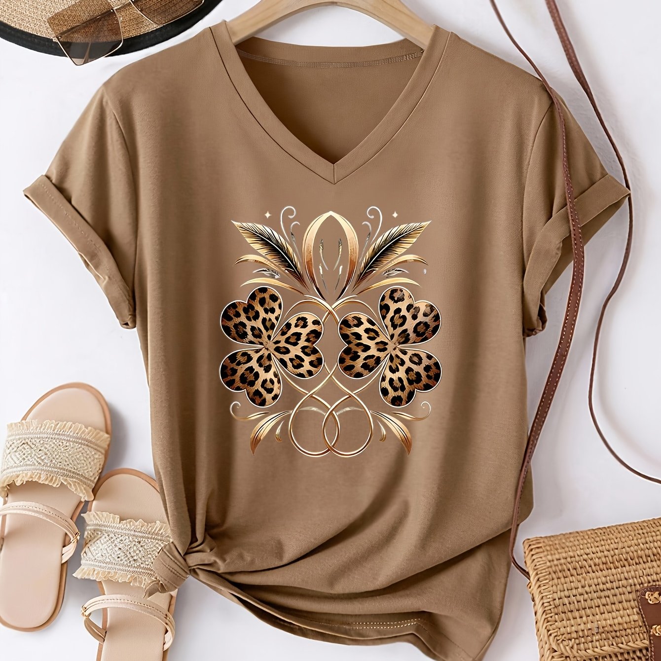 TEMU T-shirt Blouse à Manches Courtes et Col en V pour Femme - Haut à Imprimé Léopard Floral et Doré, Coupe Droite , Chemise Décontractée pour