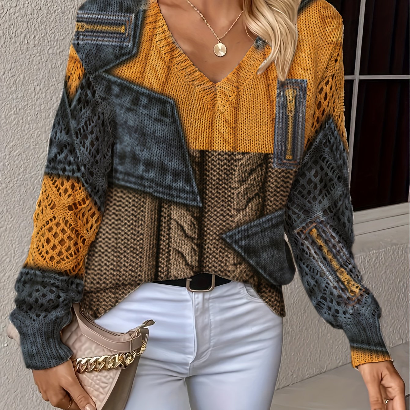 Printed Design - Not Textured Elegant Autumn Winter, Spring Summer, Style, Bohemian, Fashionable Versatile Pullover V-neck Long Sleeve Women's Top With Floral Pattern Flat , Printed