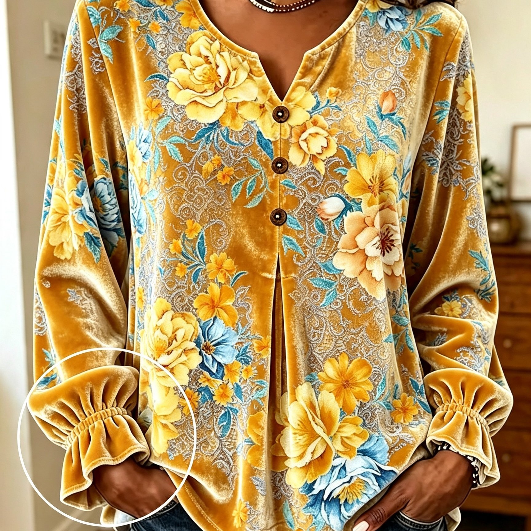 Image of Plus Size, Large Size Women's Vintage Flower Print V-neck Three-button Long Sleeve Velvet Top