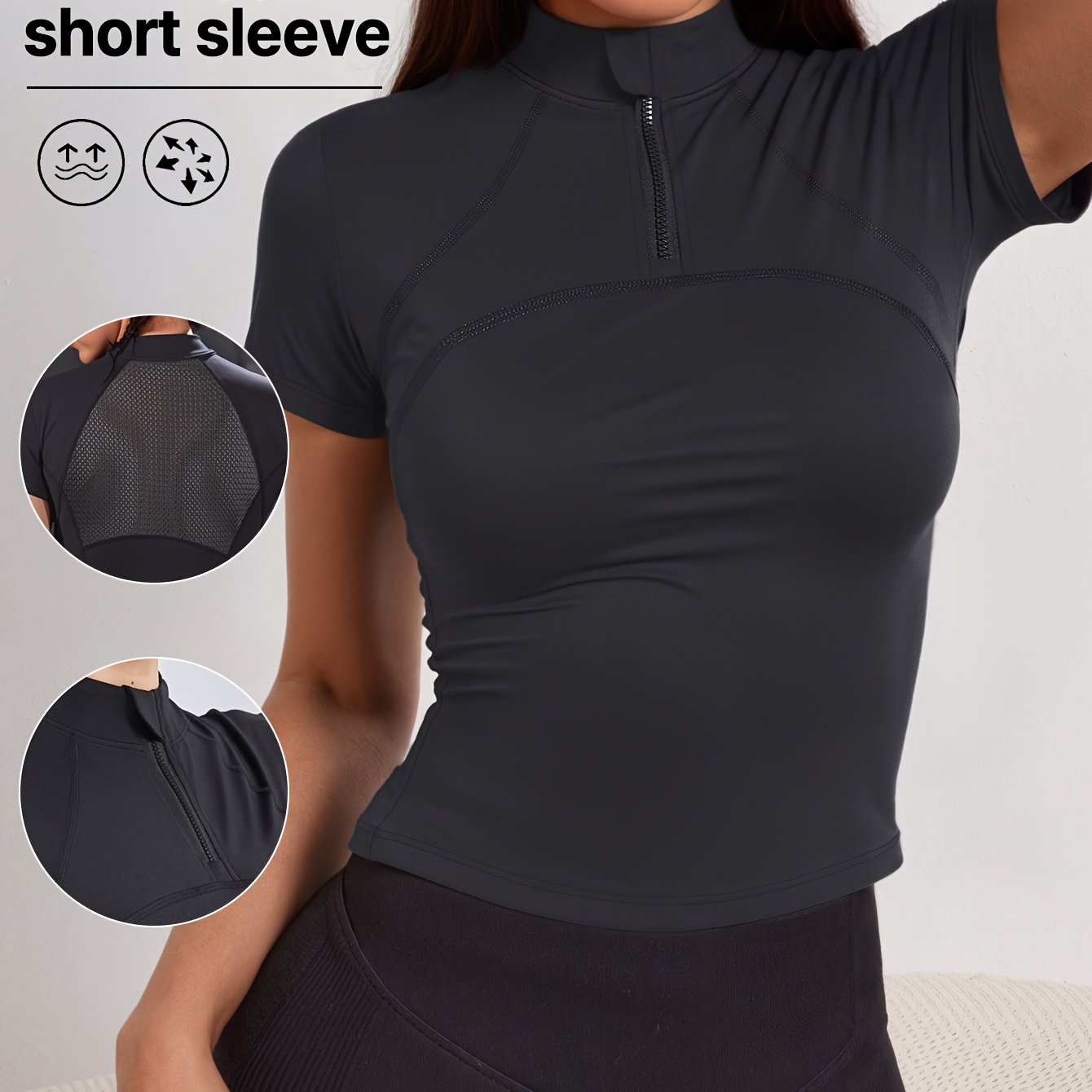 E-shop Damen Sport Tops Fitness Kurzarm Halb-Reißverschluss Rücken Mesh Lauf T-Shirt für Radfahren Fitness