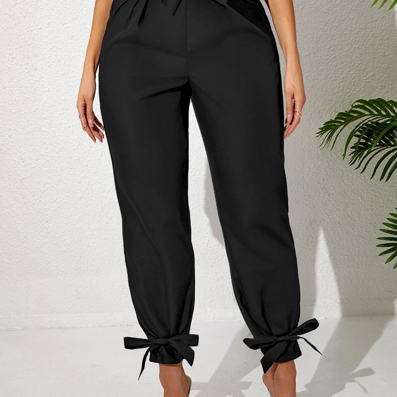 TEMU Fashionable Casual Women's Long Pants With Belt | Elegant Solid Color, Straight Leg, Wear