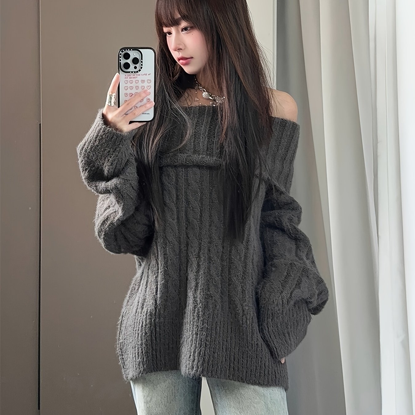 TEMU 【レディース】オフショルダー セーター - 長袖の心地よいプルオーバー。韓国風の秋冬に最適。カジュアルにもルにも使える、必須のラルカラー。快適なルーズフィットとリブ編みの質感が特徴。