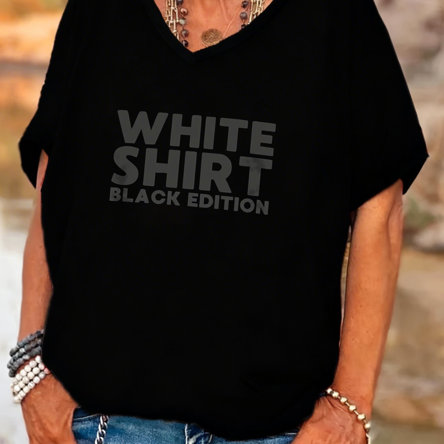 Image of Plus Size, Big Size Women V Neck Batwing Sleeve T Shirt Short Sleeve With White Shirt Black Edition Outfit For Casual Attire And Leisure