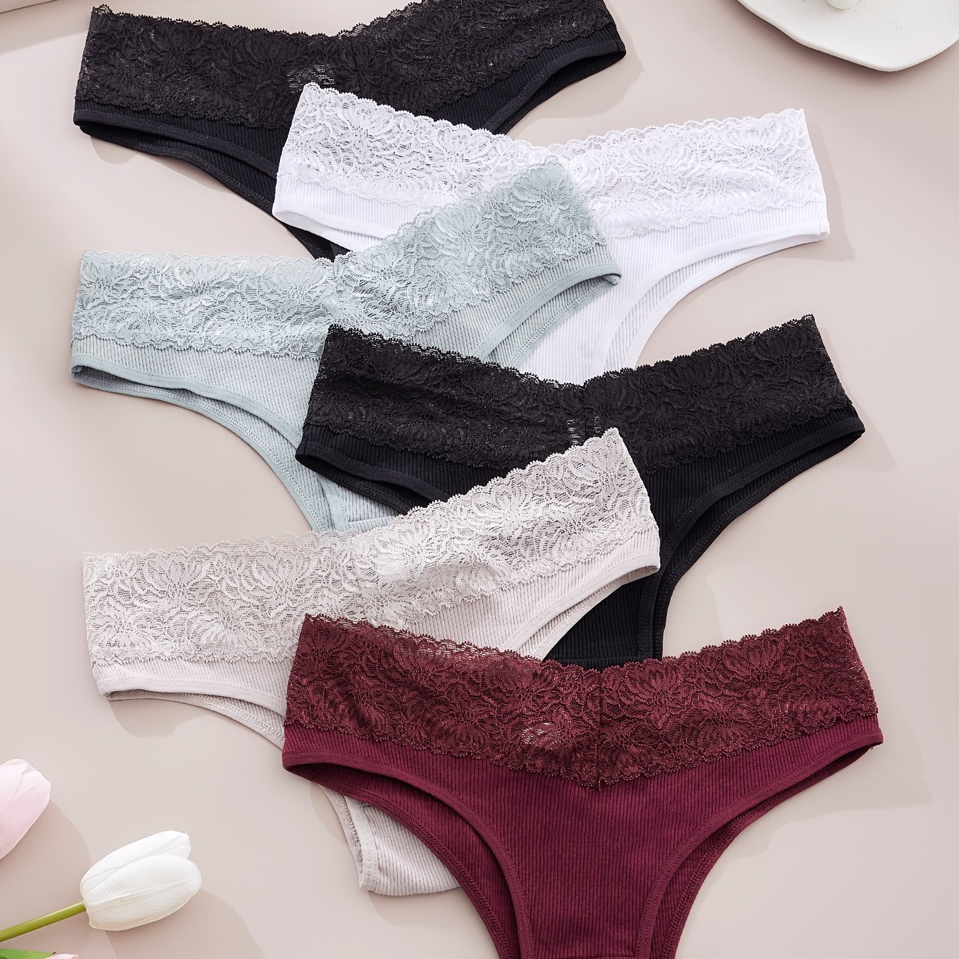 Image of 6pcs Women's Panties Fashion Solid Colour Lace Ribbed Simple Women' Panties Universal Comfortable Breathable Daily Casual Gift Women's Panties
