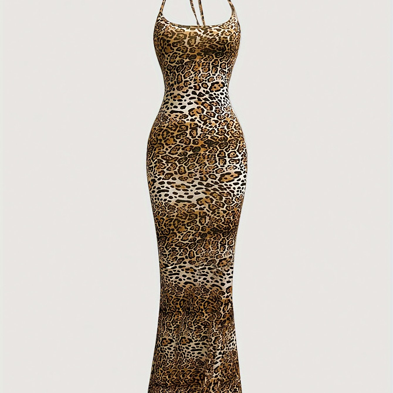 TEMU Sexy Leopard Print Halter Neck Maxi Dress - High Stretch, Back Tie Detail, Summer Parties & Banquets