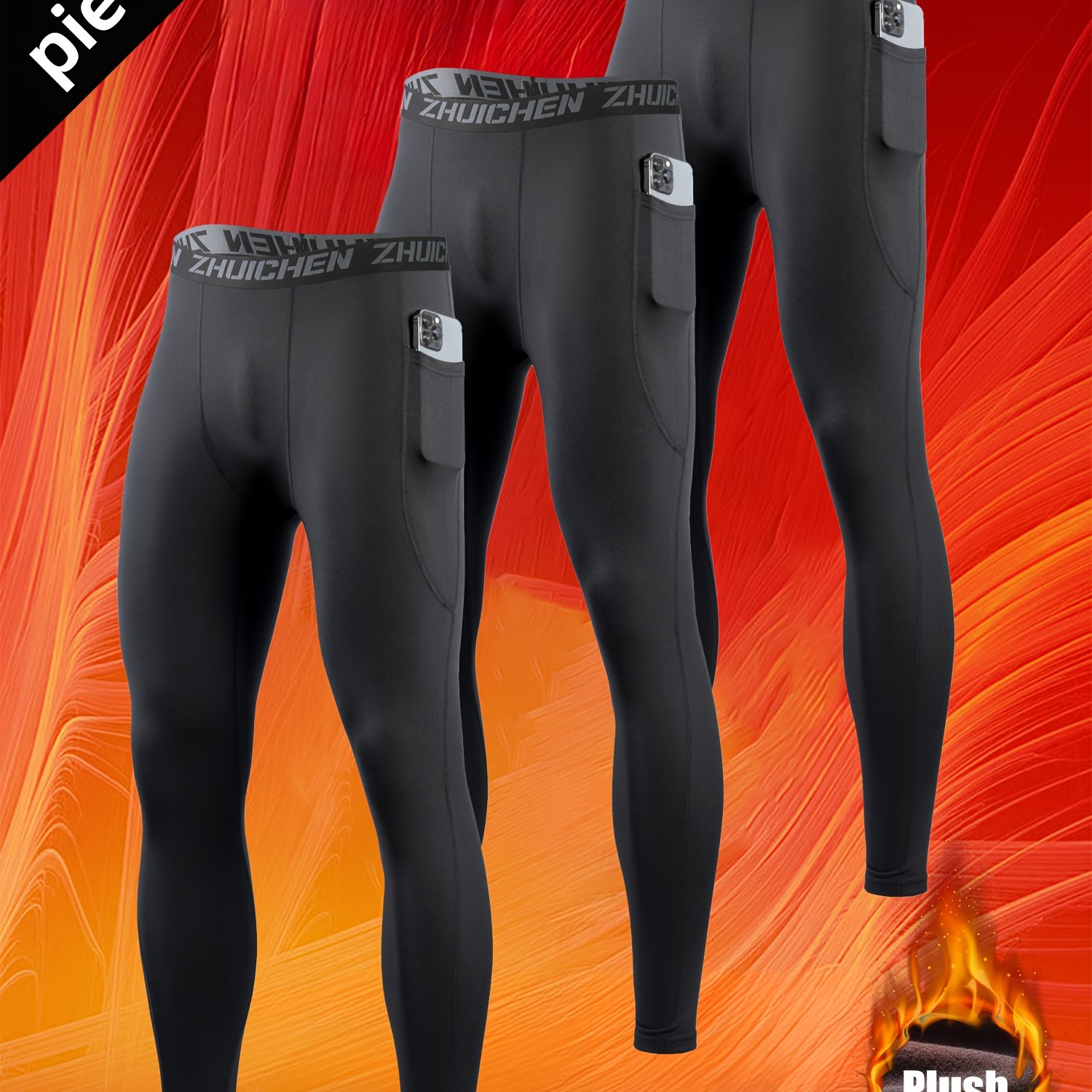TEMU 3pcs Fleece-lined Warm Compression Pants With Pockets, Autumn And Winter Tight Basketball Training Fitness Jogging Ski High Elastic Base Layer
