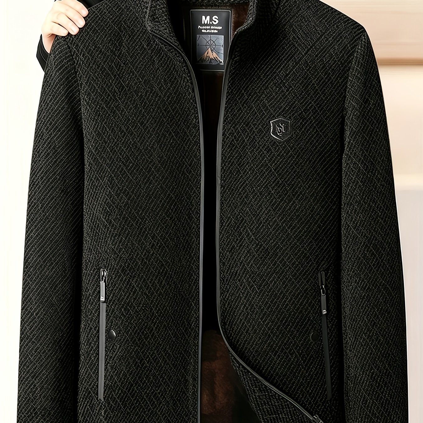 TEMU Obm Winter Mid-aged Men's Faux Lining Stand Collar Jacket, Men's -lined Thickened Warm Zip-up Outerwear