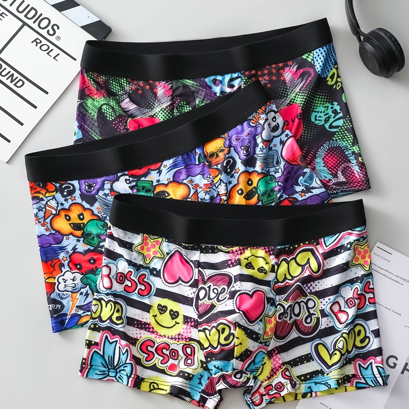 TEMU 3-pc Men's Briefs, Random Assortment, Breathable Polyester, Stretch Fabric, Print Pattern, Elastic Waistband
