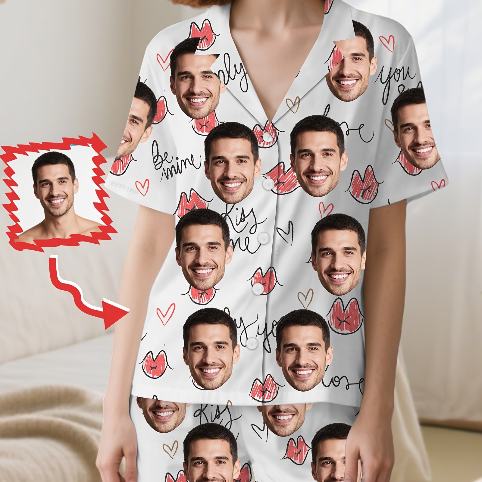 TEMU Conjunto de pijama corto personalizado para mujer, con camiseta de manga corta y shorts con estampado de corazones en . Pijamas divertidos