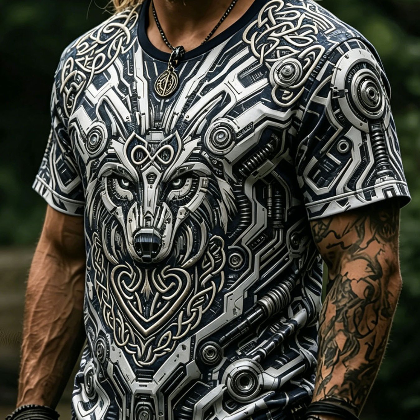 TEMU Men's Mechanical Wolf Head Graphic Short Sleeve T-shirt, Casual Round Neck Top, Cyber Retro Style Base Layer. Wolf Head Pattern Combining