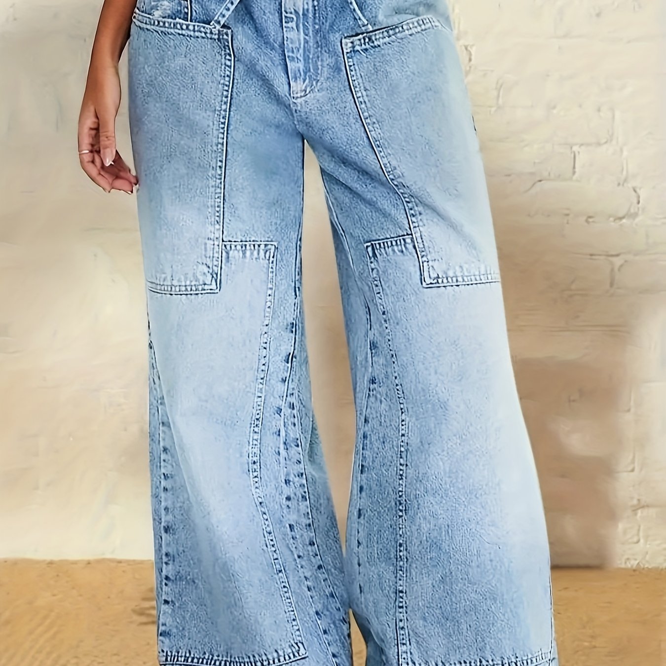 TEMU Hme New Autumn/winter Women's Non-stretch Semi-elastic Waist Pants, Wear, Washed Denim Fashion Vintage Multi-pocket Cargo Casual Jeans
