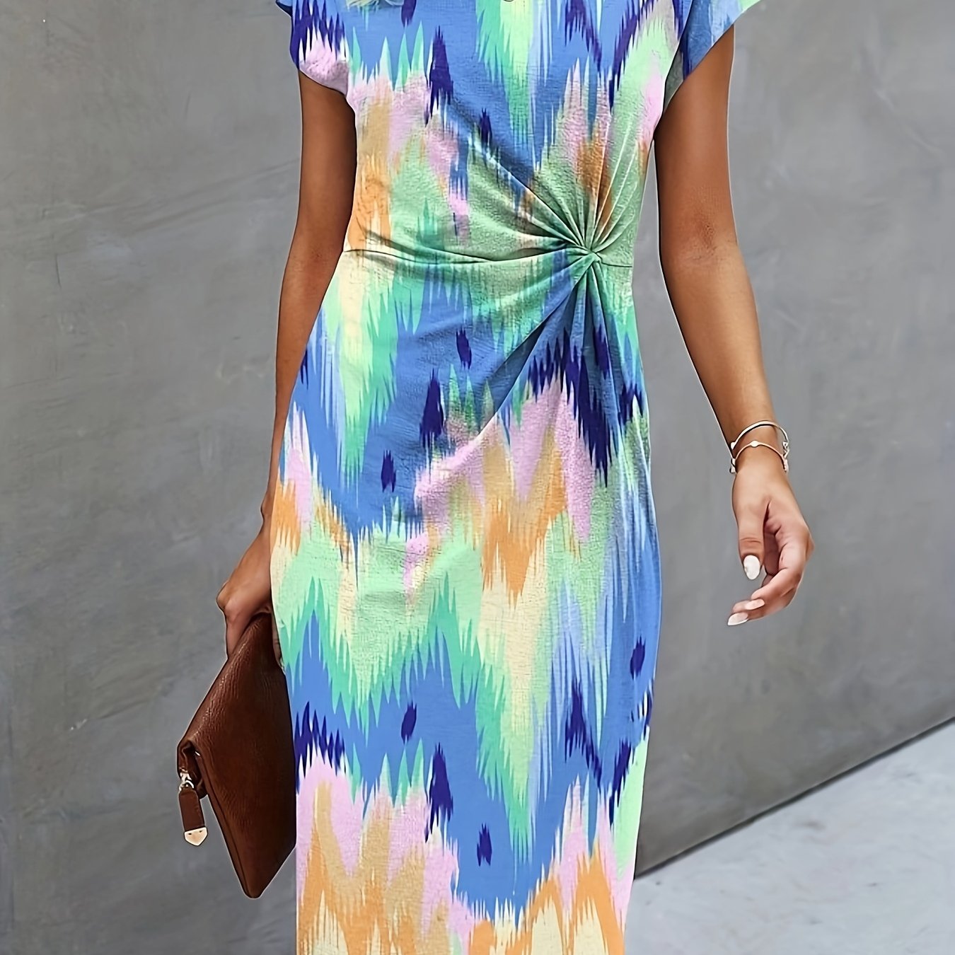 Image of Women's Tight Dress Floral Twist Yarn Abstract Print Round Neck Mid-length Dress Elegant Fashion Date Short Sleeve Summer