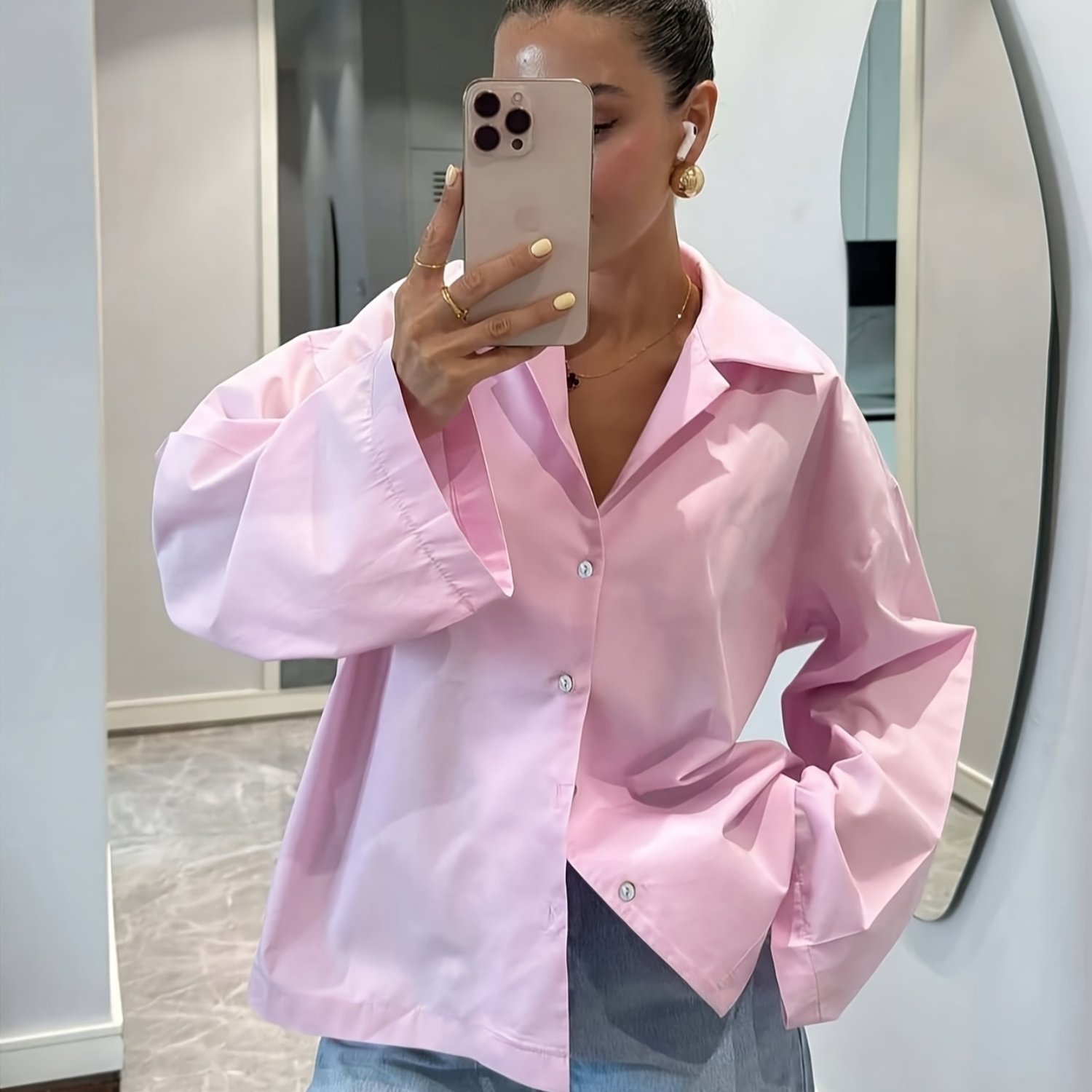 TEMU Casual Elegant Pink Cardigan, Long Sleeve, Vintage Style