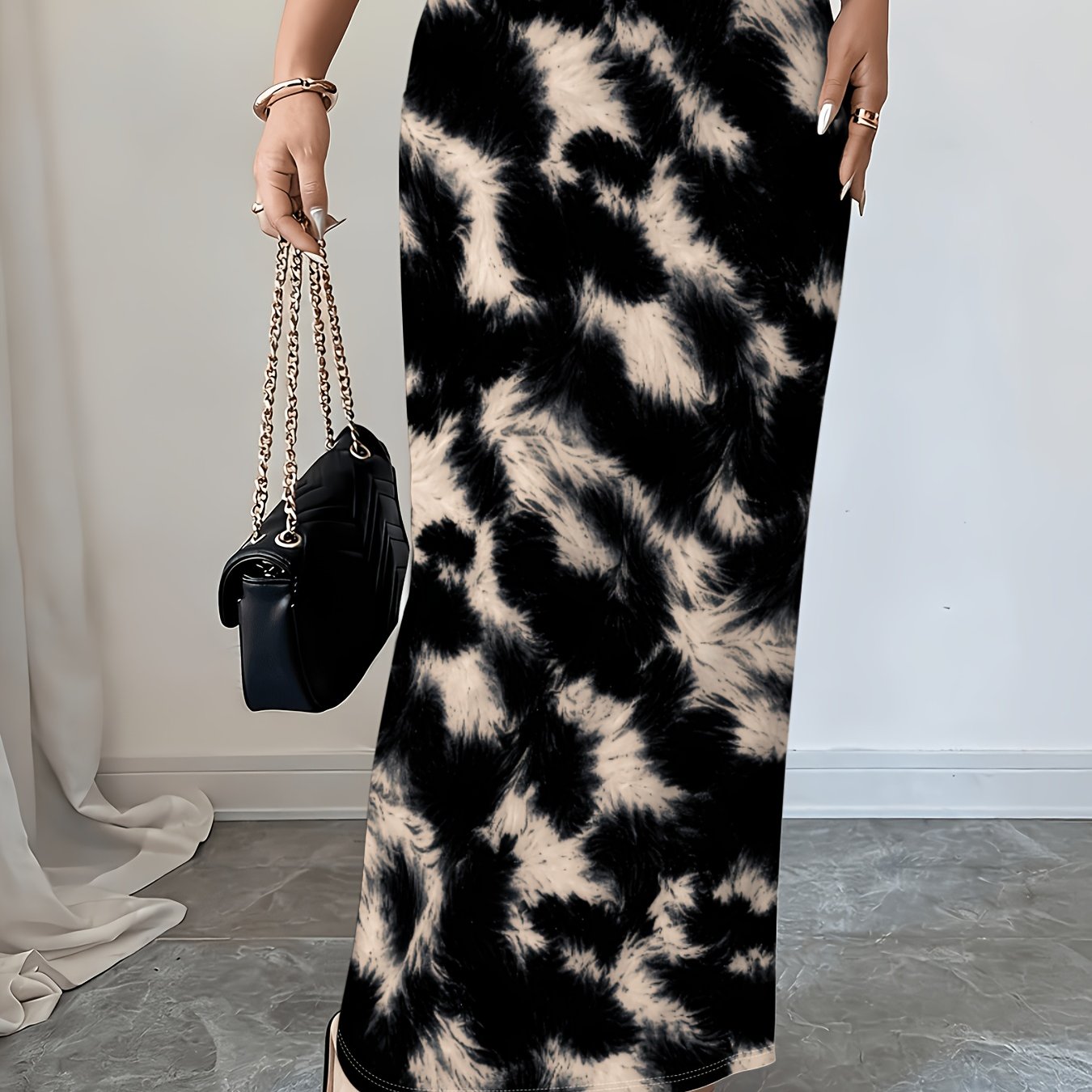 TEMU Elegant And Fashionable Printed Maxi Dress For Women - Elastic Waist Design, Flowy A-line Silhouette, Suitable For Dinner Parties, Cocktail