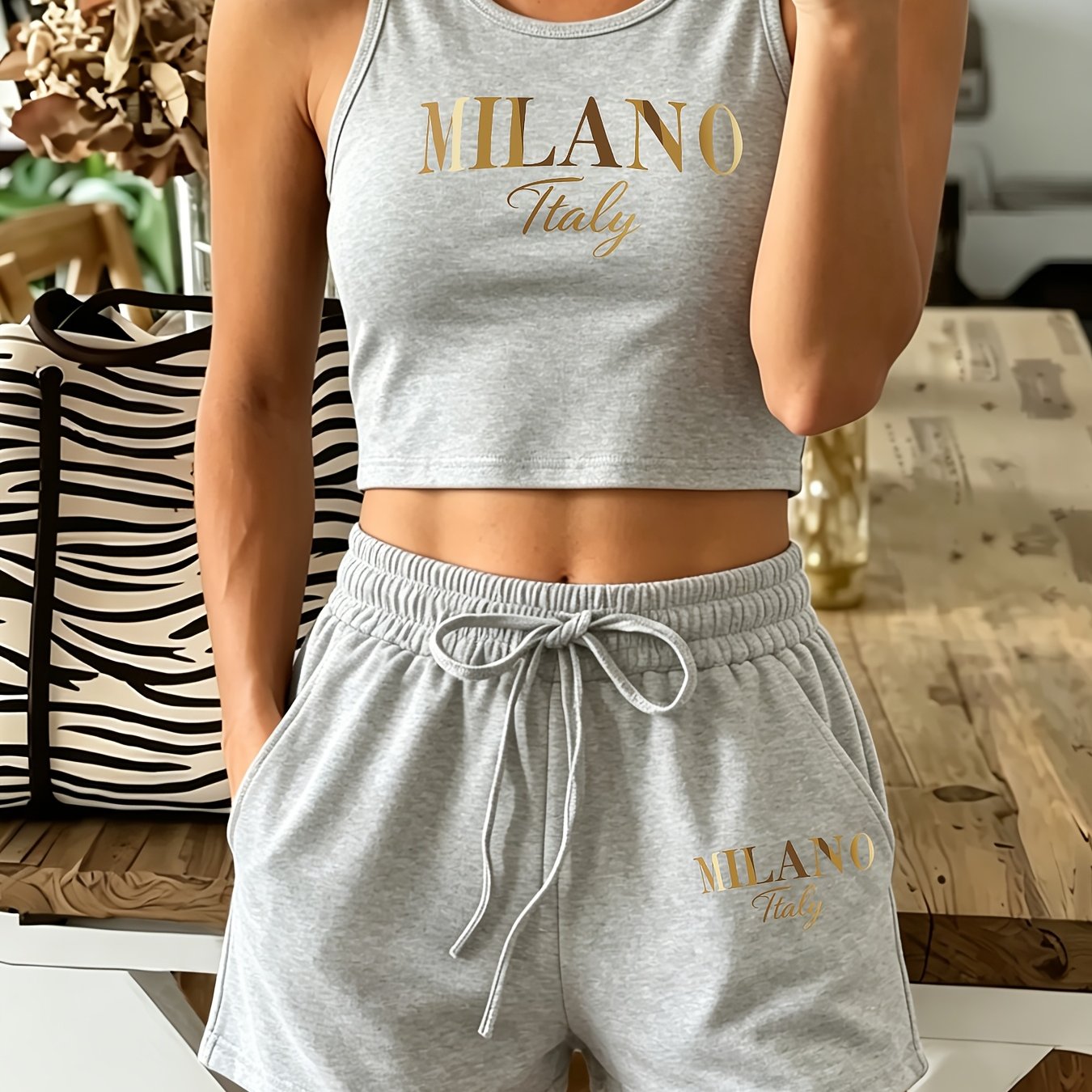 TEMU Slant Pocket Casual Women's Suit, Two-piece Set With Graphic Printing, Vest And Shorts, Women's Clothing