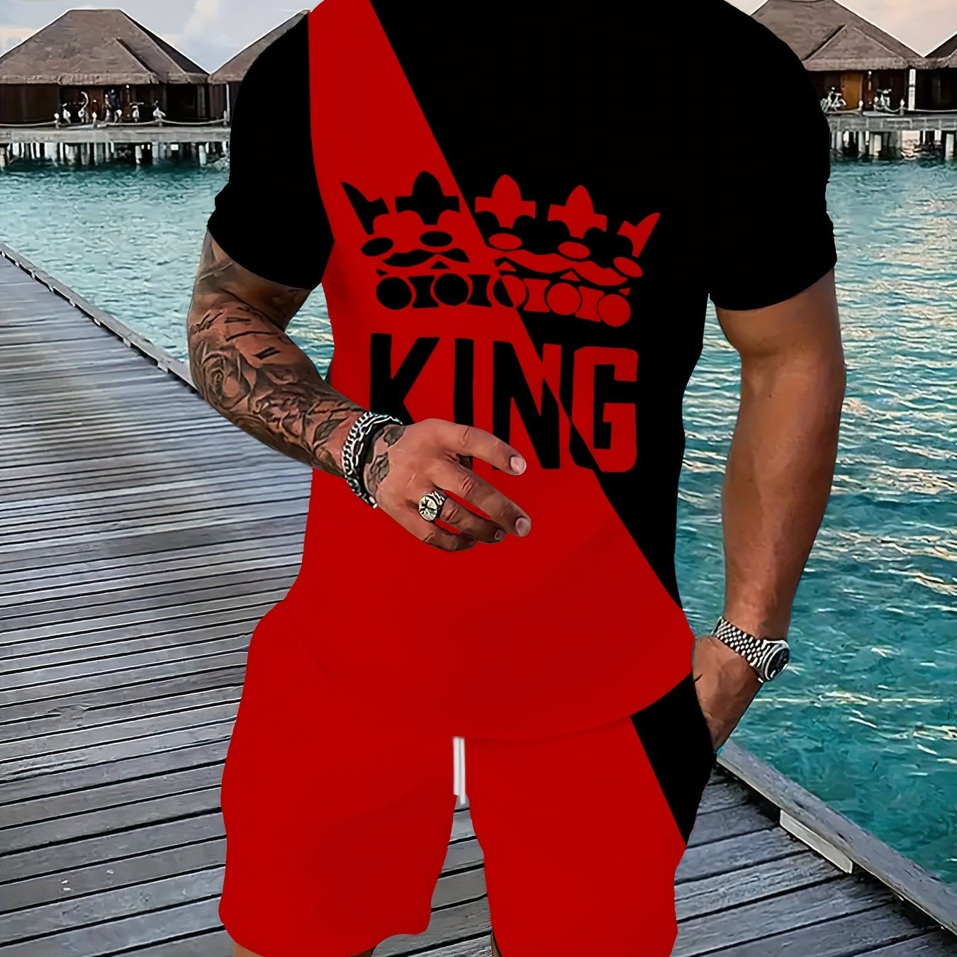 TEMU 2pcs Men's Blue And Black Color Block King Set | Short Sleeves And Shorts With Crown And "king" Logo, And Stylish Vibe, Casual Fit