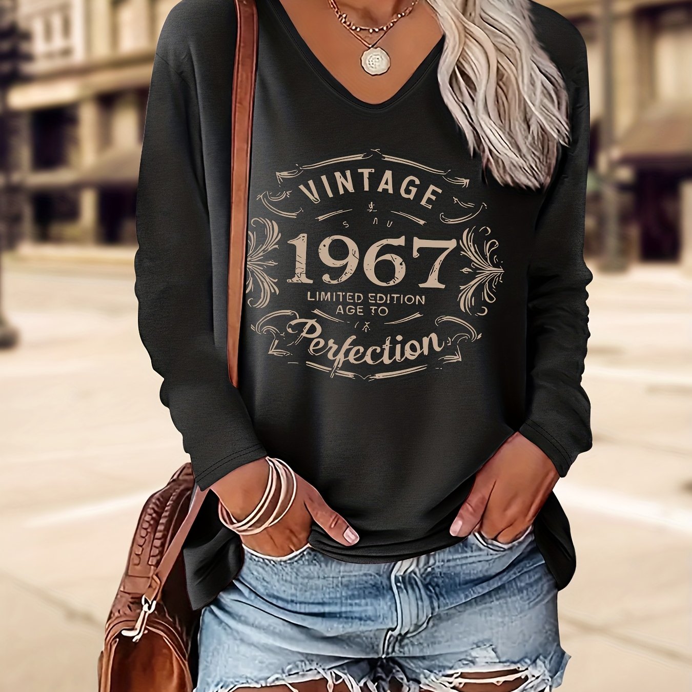 TEMU Vintage 19"67" Perfection Lettering, Graphic Print, Vintage-style Autumn/winter Women's Fashionable V-neck Colored Long-sleeve T-shirt, 1pc