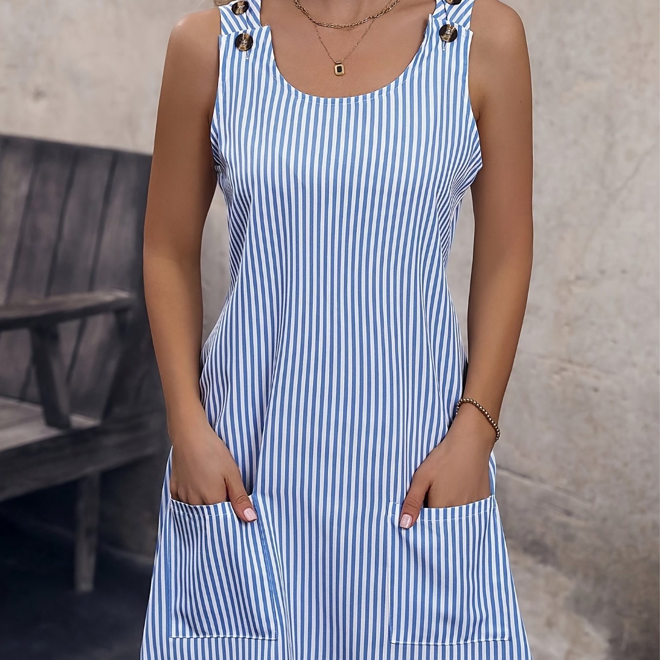 TEMU Women's Elegant Pocket Back Sleeveless Striped Dress