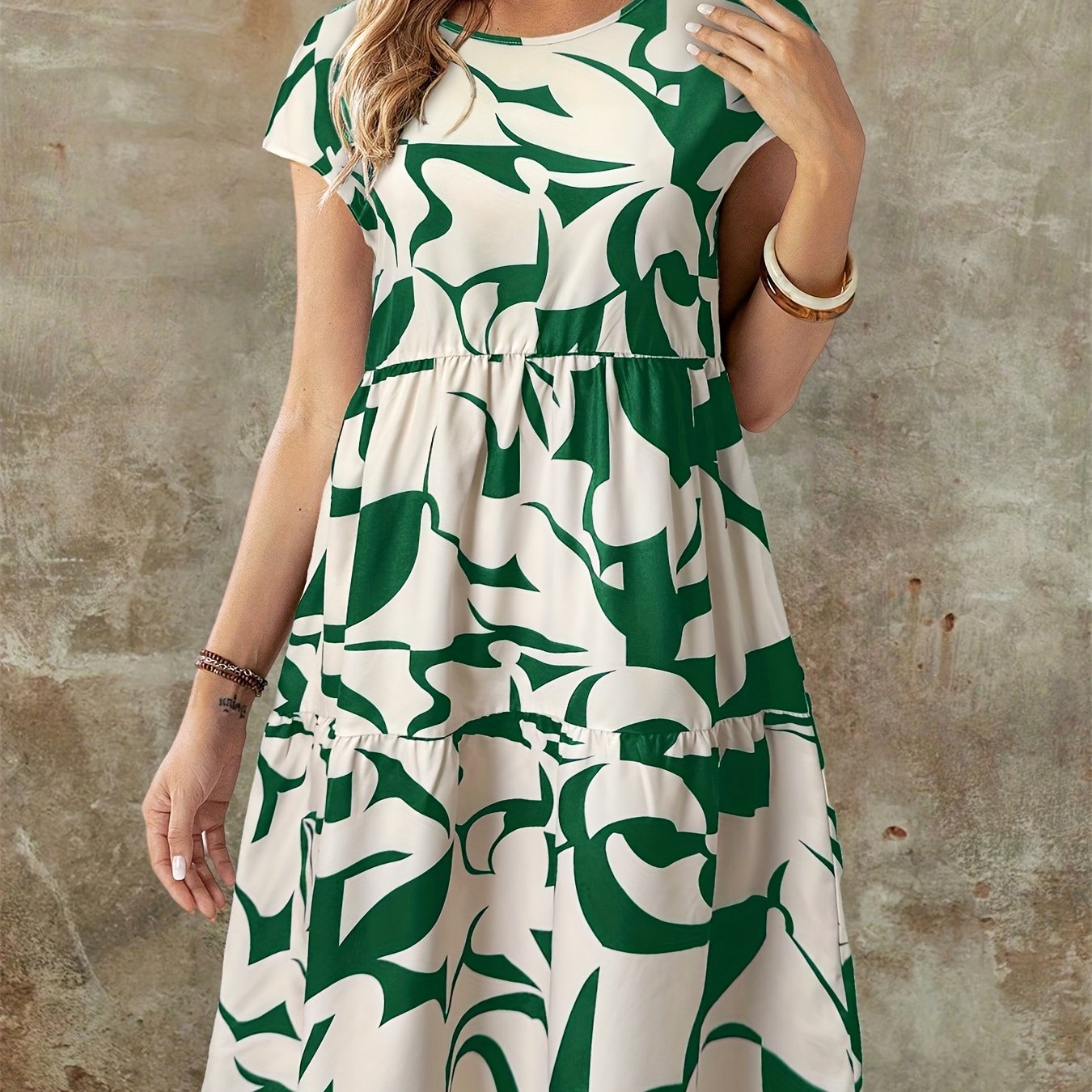 TEMU Women's Summer Short Skirt Geometric Pattern Print Round Neck Short-sleeved Dress, Women's Summer Loose Dress
