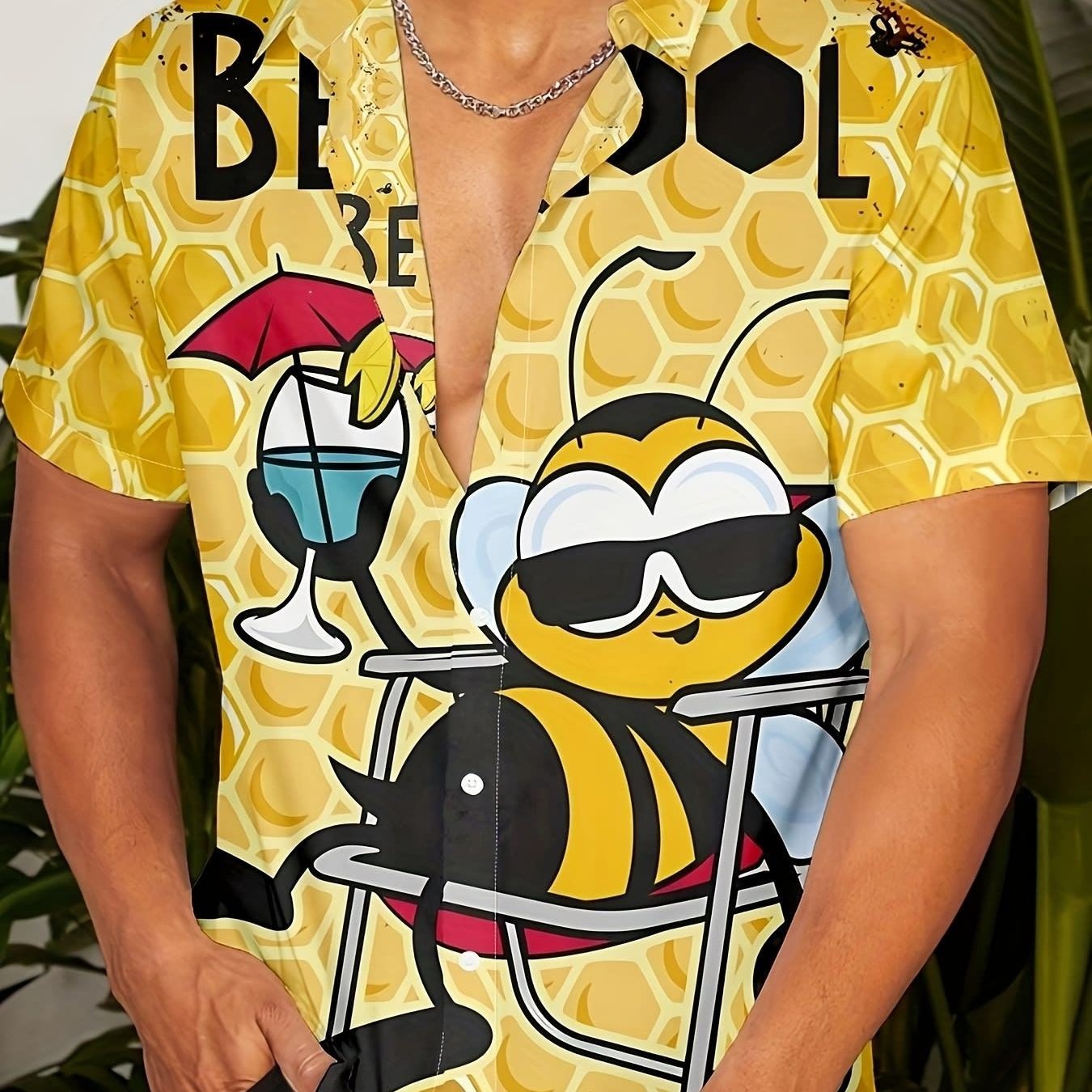 TEMU Camicia da Stampata, Stile Hawaiano Corta con Divertente Motivo ad Api, Top da Esterno Casual Traspirante con Bottoni. Adatta per Abbigliamento
