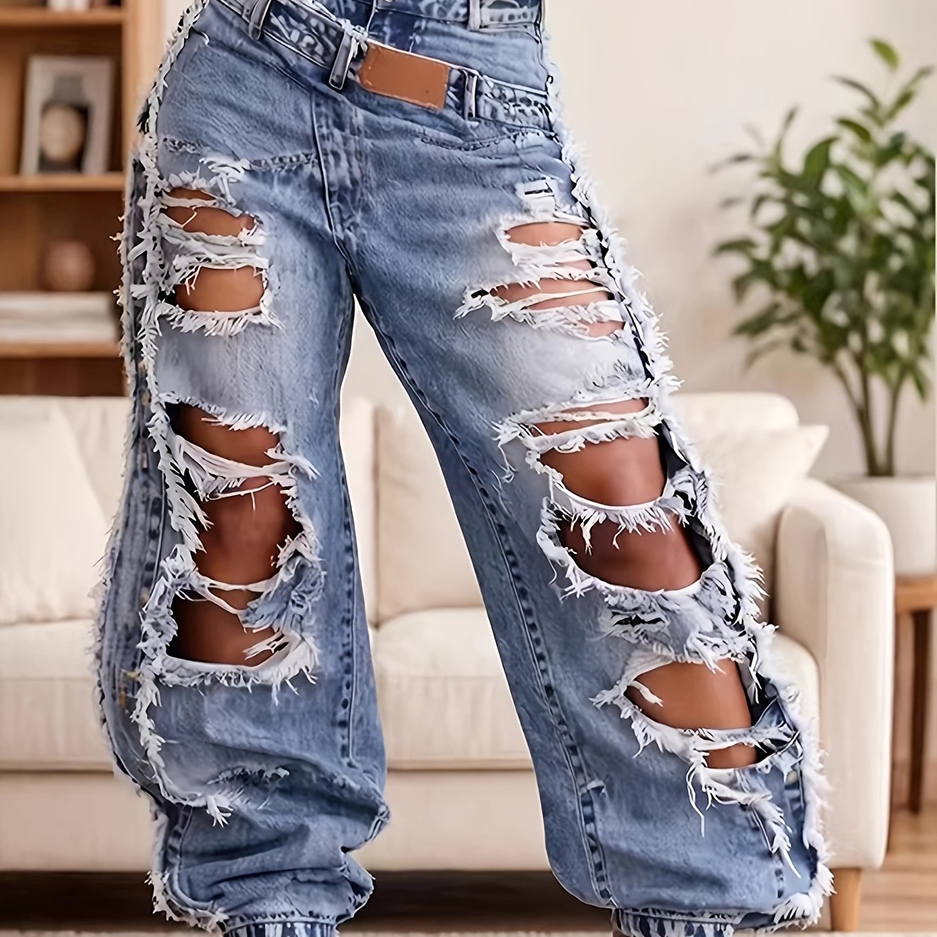 Image of Women' Vintage Ripped High Waist Jogger Jeans - Straight Tapered Denim Pants With Washed Soft Comfortable Fabric, Wrinkle-resistant Suitable For Urban Streetwear, Casual Outfits & Wear