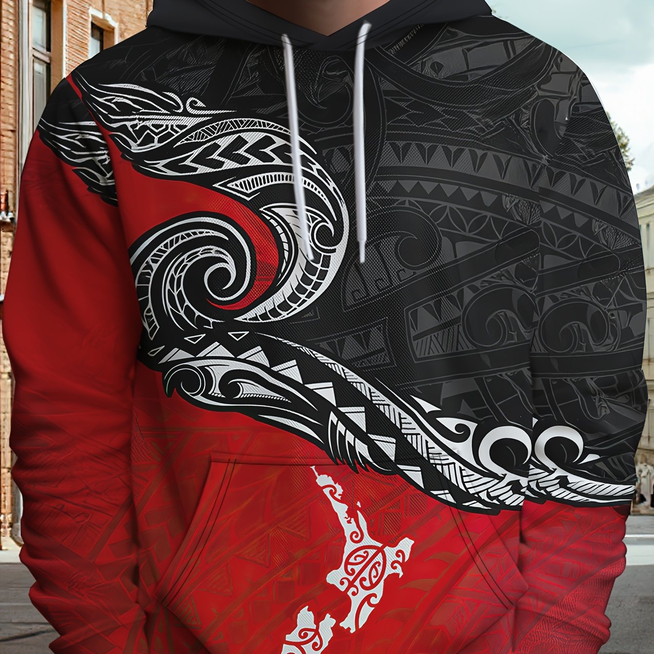 TEMU Men's Full-body Print Hooded Sweatshirt - Black/red Stretch Fabric Hoodie With Front Pocket, Gym & Casual Wear Suitable For Fitness, Daily &