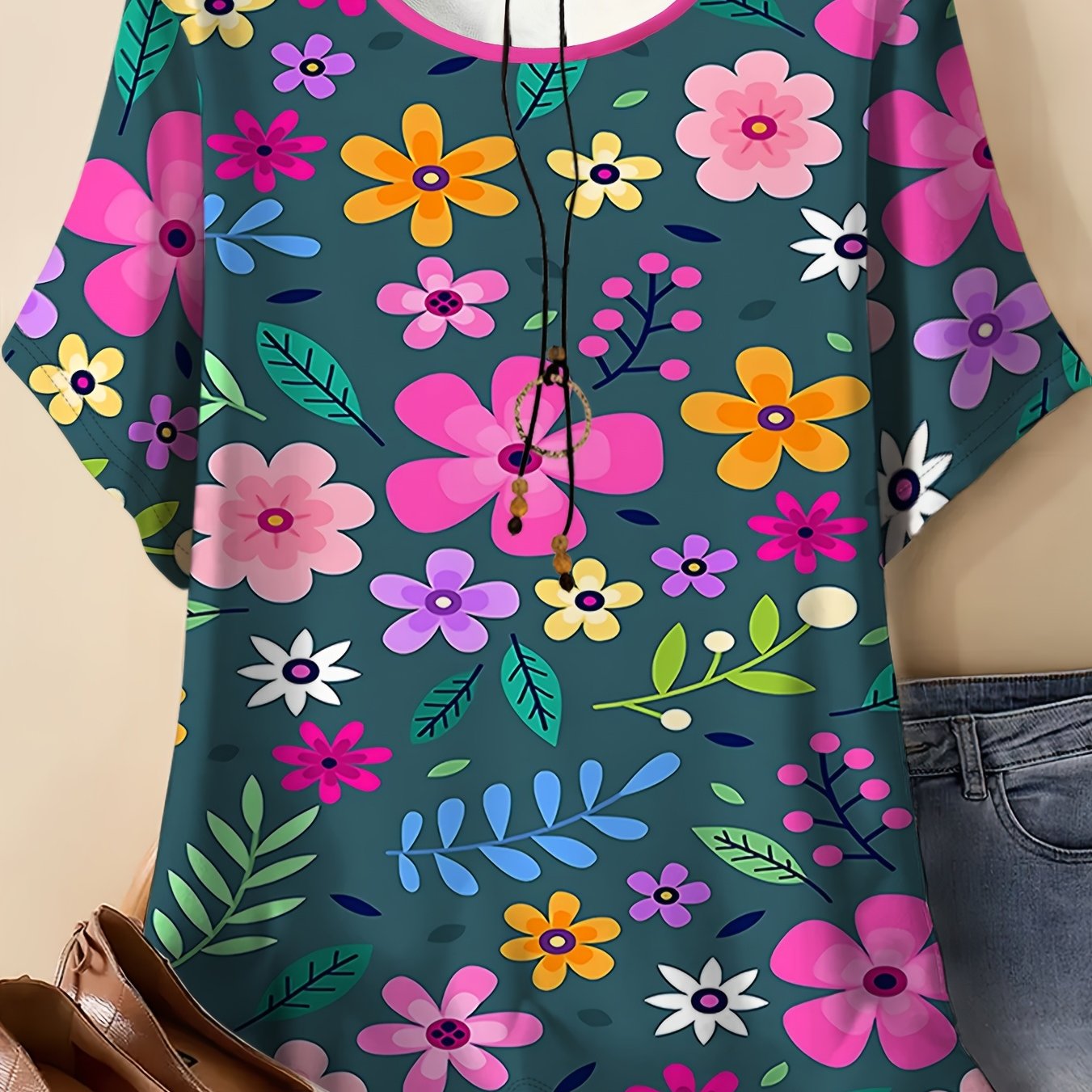 TEMU This Women's Plus-size Casual Top Features A Dark With Vibrant Clusters Of Flowers In Pink, Orange, Purple, And White. Neckline, Accented With A