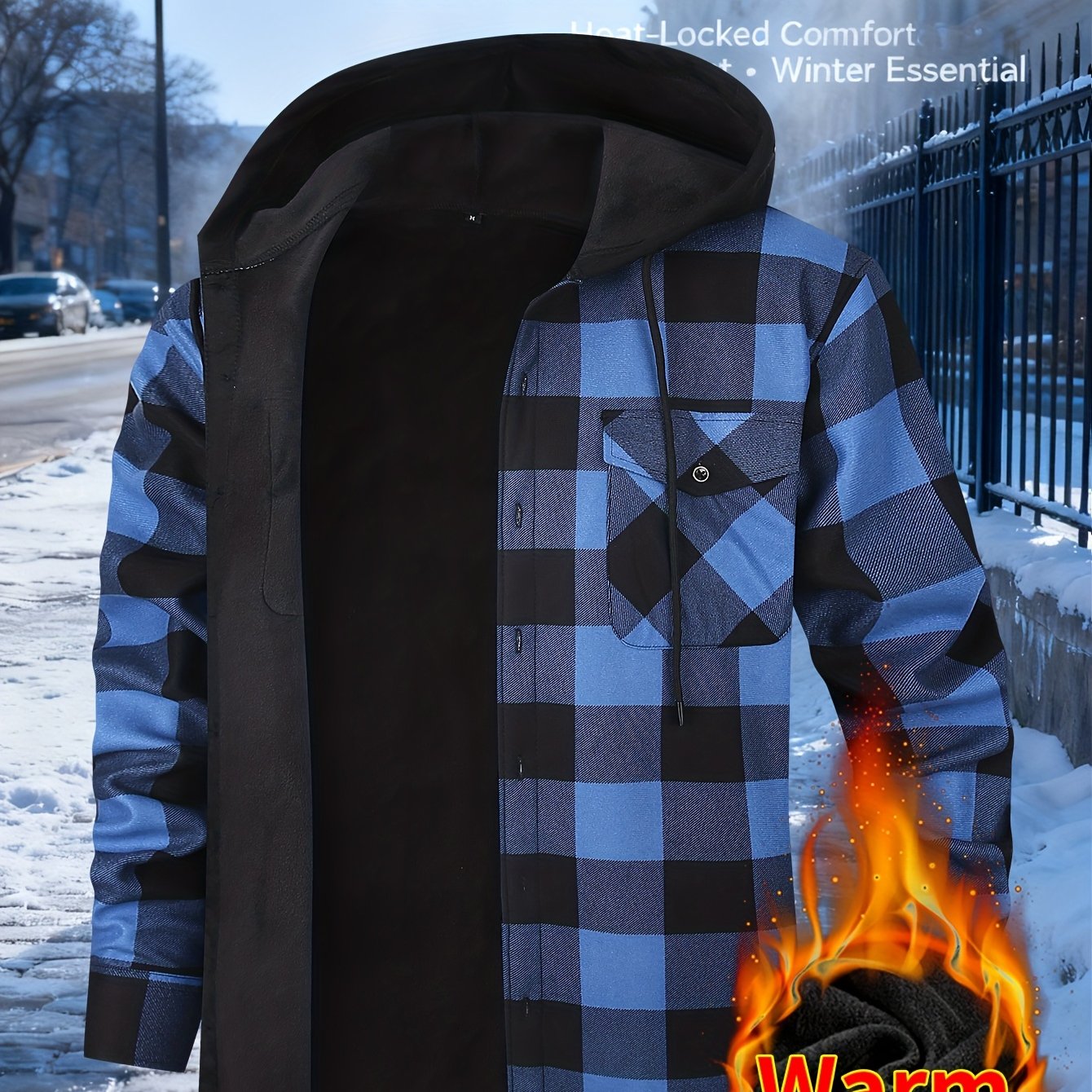 TEMU Men's Hooded Shacket With Fleece Lining For And Winter Months | Comfortable Long-sleeve Shirt Jacket Featuring Front Pockets | Ideal For Street