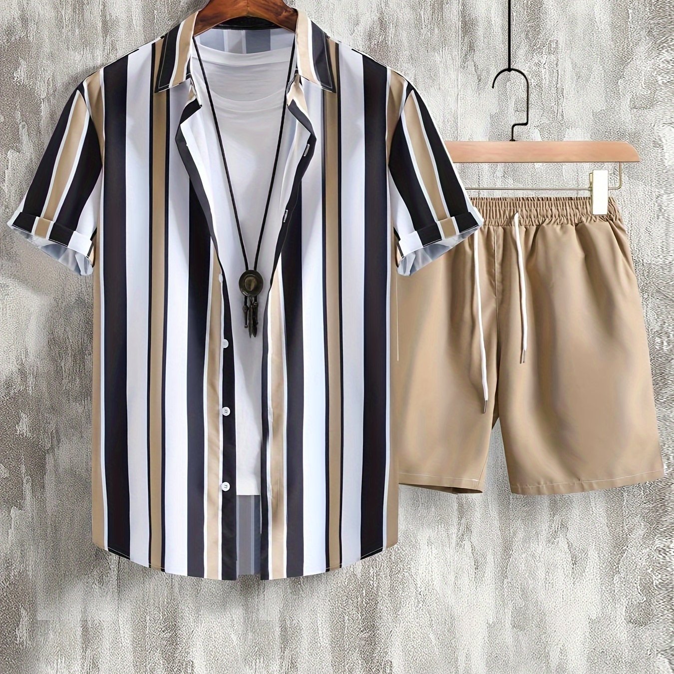 Men's Spring/summer Shirt Set - Casual Striped Button-up With Green Drawstring Shorts, Non-stretch Fabric, Geometric Pattern, Regular Fit, Wear, Spring Summer Outfit|striped Shirt|nonstretch Fabric