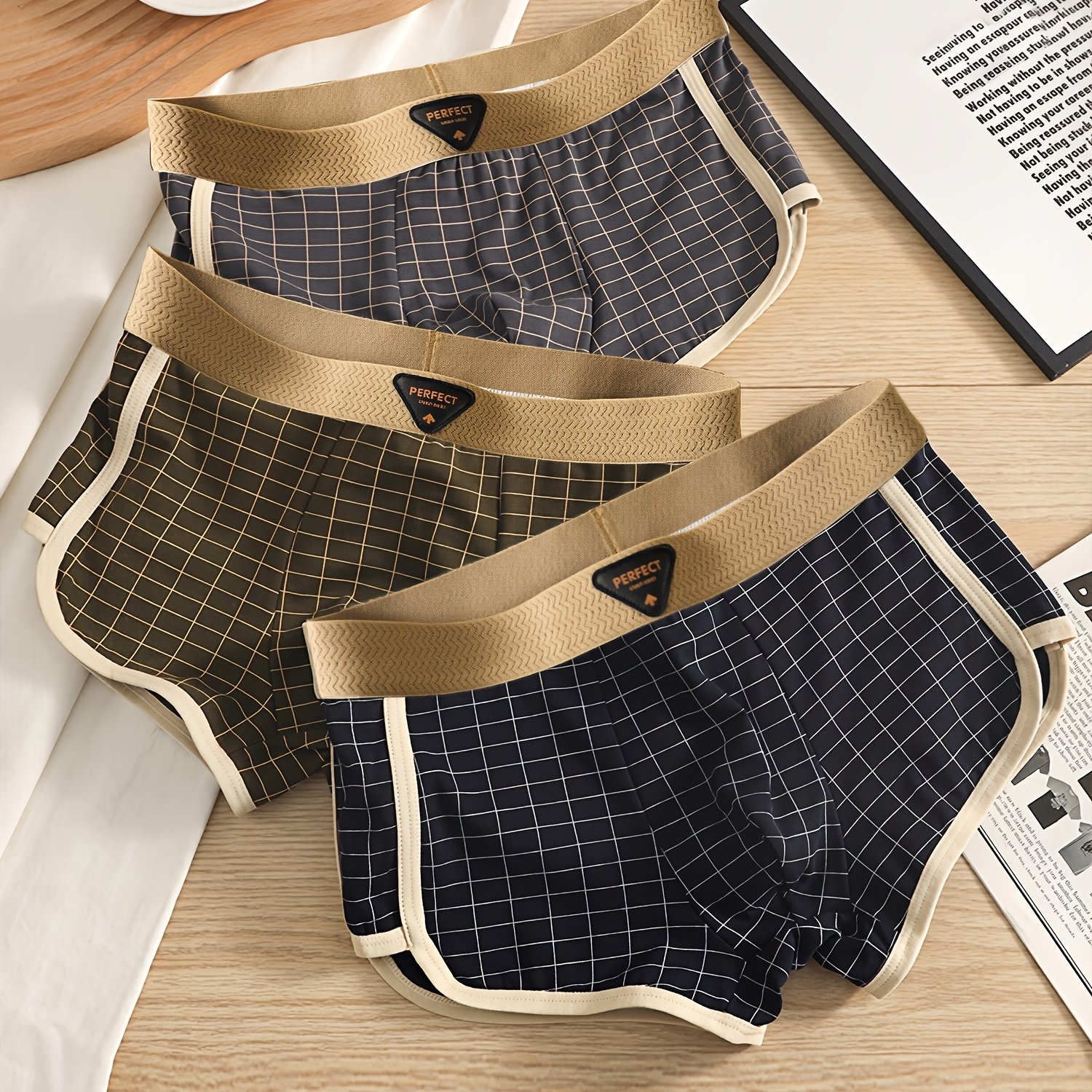 TEMU 3pcs Men&;s Fit Boxer Briefs With Random Plaid Print - Breathable, Stretchy, Quick-drying With Elastic Waistband | Soft, Lightweight,