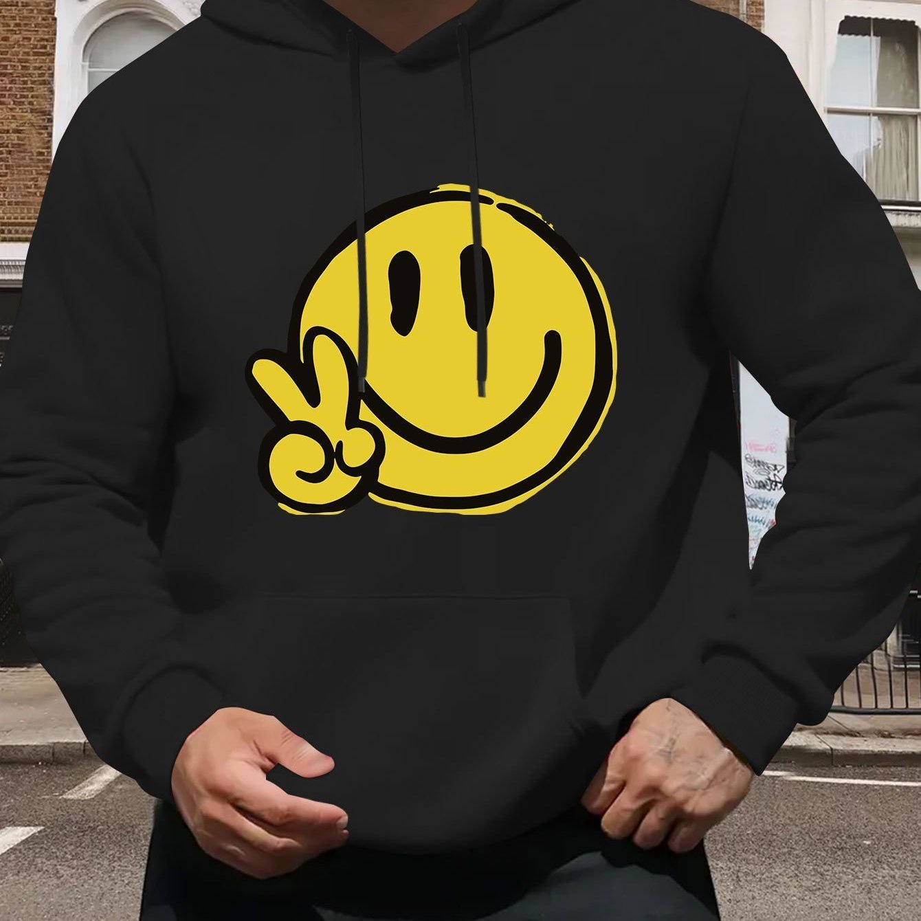 Men's Oversized Face Graphic Hooded Sweatshirt - Fabric, Loose Fit Long Sleeve Pullover With & , Casual Streetwear For Fall/winter, Machine Washable (/)