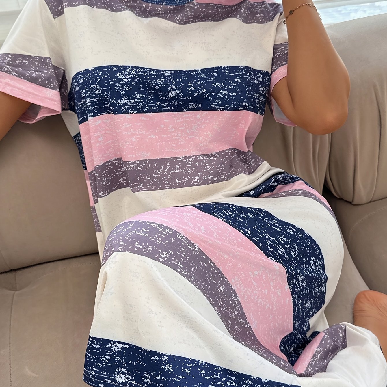 TEMU Women's Casual Striped Print Loose Long T-shirt Pajamas