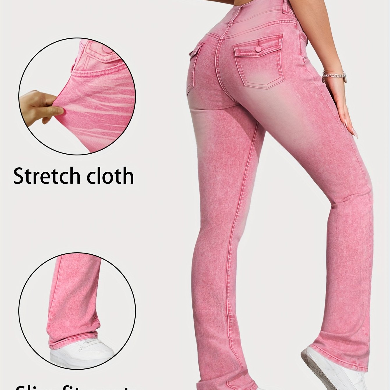 Image of Beautiful Popular Women's Clothing Targeted Development Straight Leg Trousers And Medium High Elasticity Colorful Pink Jeans Women's 618396