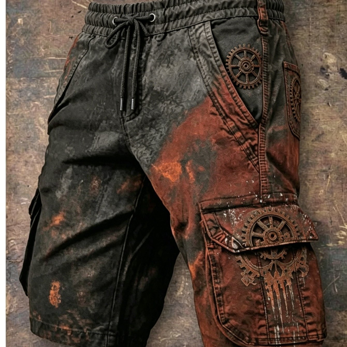 Men's Vintage Steampunk Cargo Shorts With Elastic Waist - Distressed Tie-dye Multi-pocket Knee-length Shorts Suitable For Outdoor, Casual Wear, Beltless & Machine Washable Pants (no Belt Included)