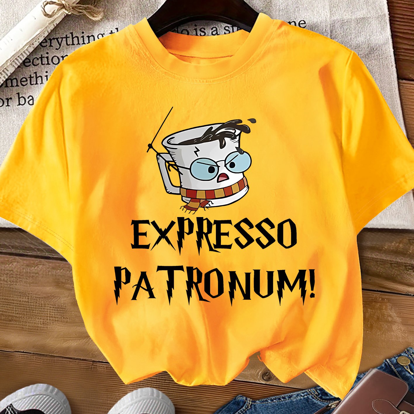 TEMU [warner] Women's Elegant Short-sleeve Harry Potter "coffee " Slogan Print Crew Neck T-shirt, Comfortable, Soft, Breathable, New Style,