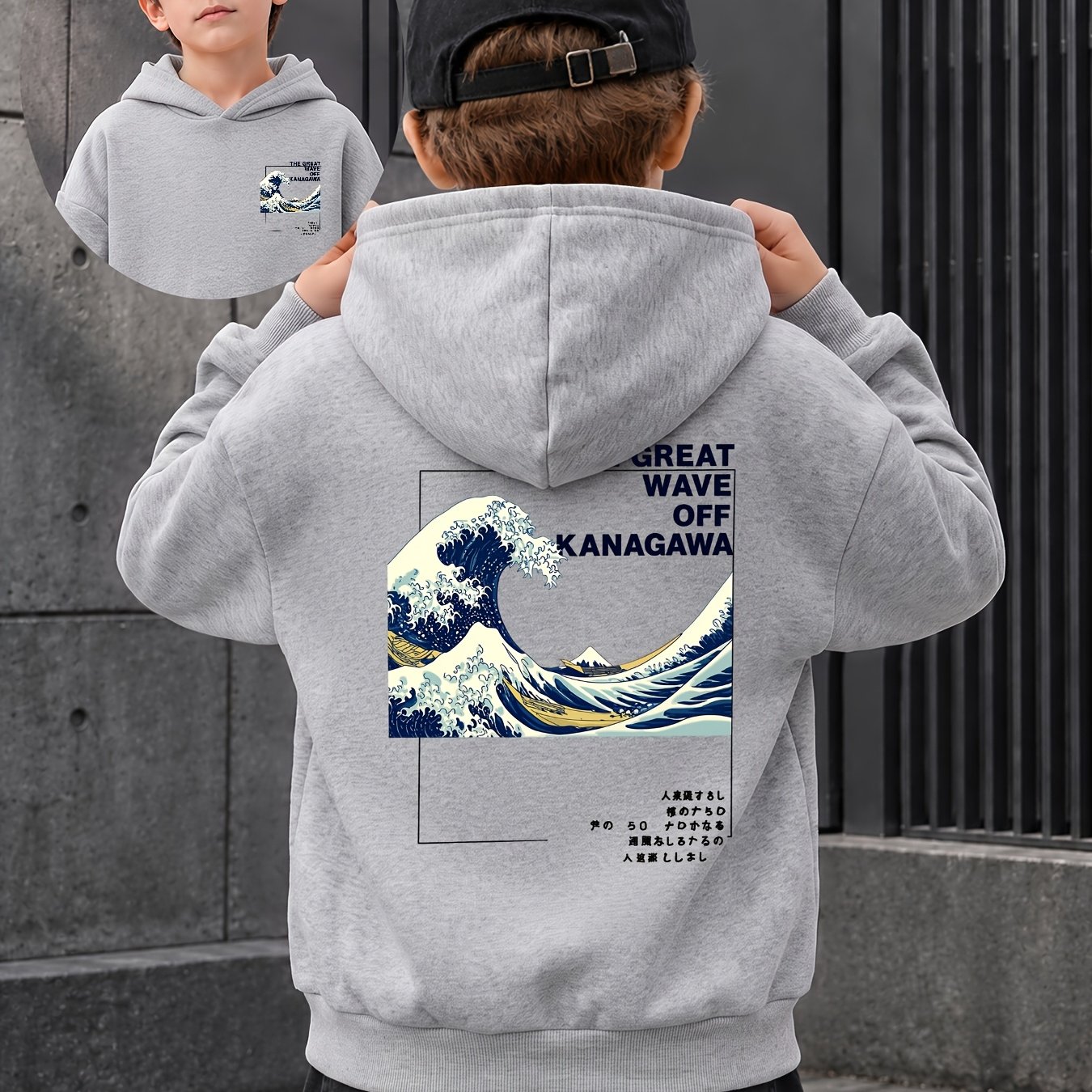 Image of Boys' Autumn And Winter Soft Terry Hooded Sweatshirt, Stylish Surfing Creative Double-sided Exquisite Print Versatile Top, Suitable For Boys' Running, Walking, And Outdoor Activities.