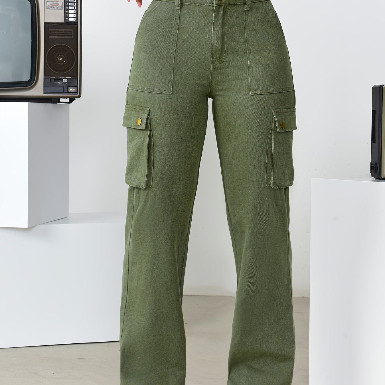 Plain Army Green Side Flap Pockets Cargo Jeans, High * Loose Fit Comfy  Denim Pants, Women's Denim Jeans & Clothing