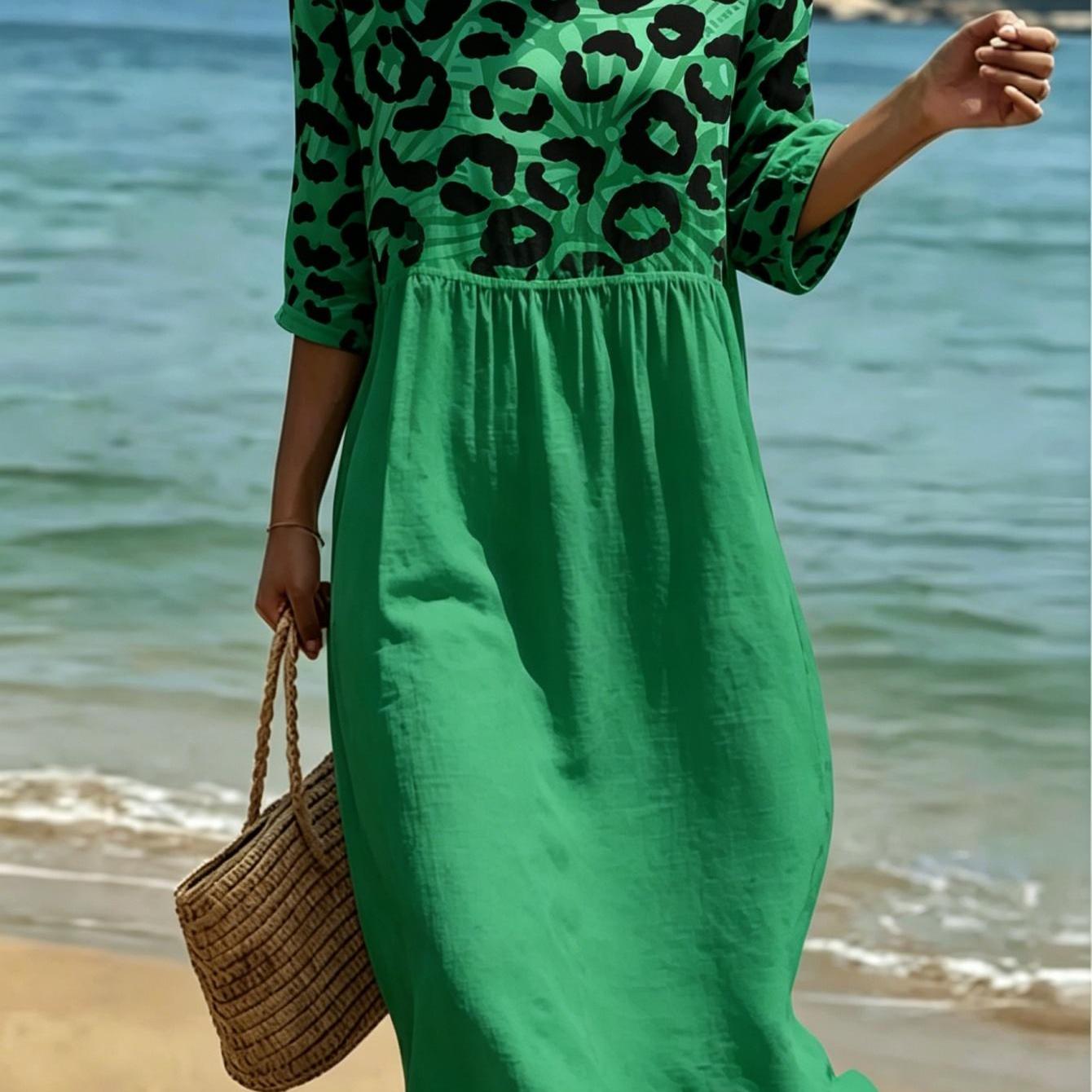 Women's Dress Round Neck Three-quarter Sleeve Leopard Floral Print Midi Dress Beach Vacation Dress Bohemian Style Casual Maxi Dress Machine Washable Suitable For Summer Wear 2d Flat Print