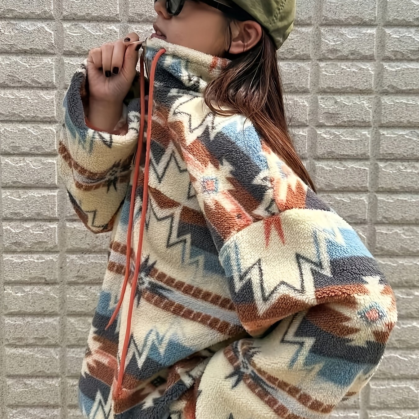 TEMU Women's Stand Collar Color-block Drawstring Drop Shoulder Long Sleeve Plush Loose Fit Casual Versatile Sweatshirt
