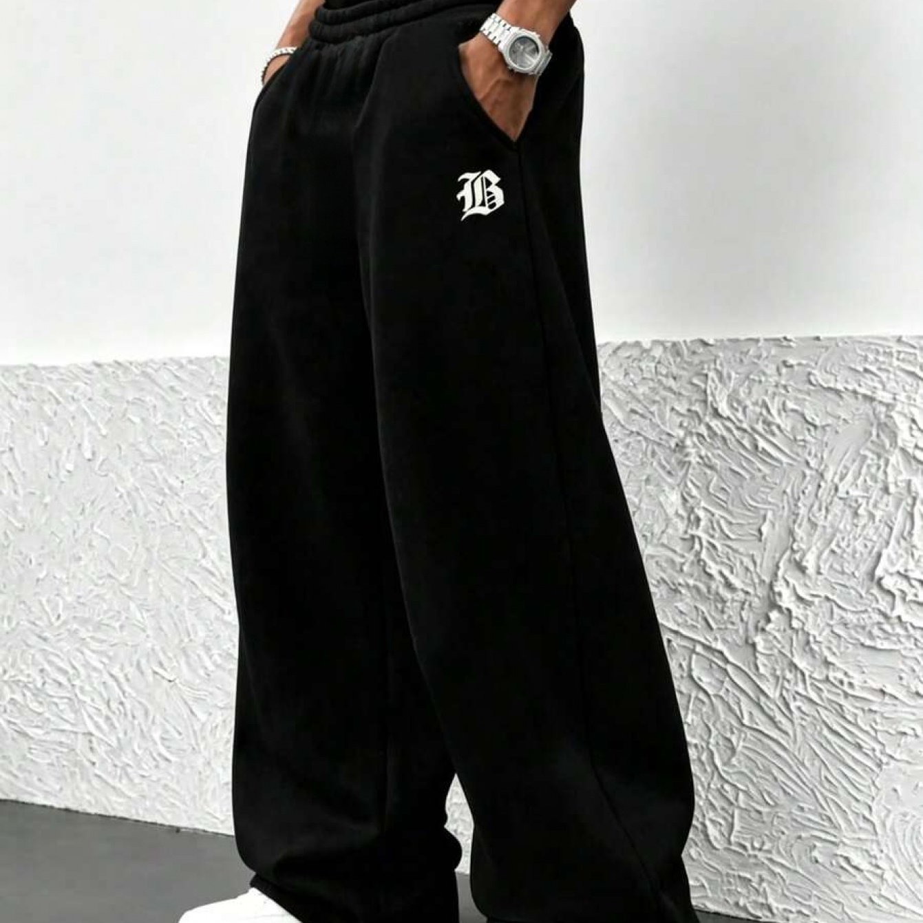 TEMU Men's Fleece Casual Sweatpants, Featuring Style, Wide Legs With A Draping Effect, In Black And Light Gray, With Side Pockets, Suitable For Home