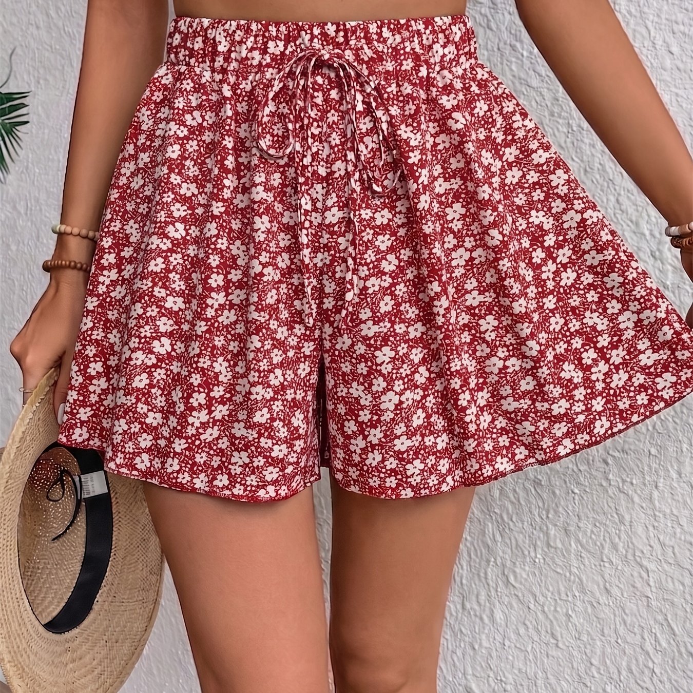 TEMU Elegant Women's Floral Print Lace-up Shorts