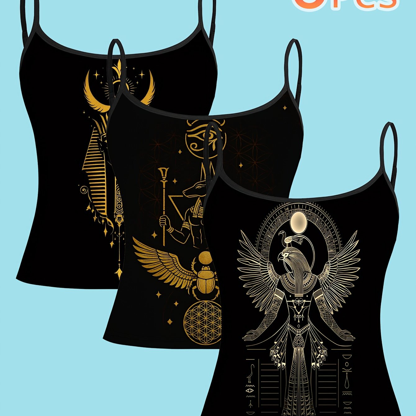 TEMU 3pcs Ancient Egyptian Totem Print Camisole, Women's Thin Strap Tank Top, Mysterious Vintage Style Top