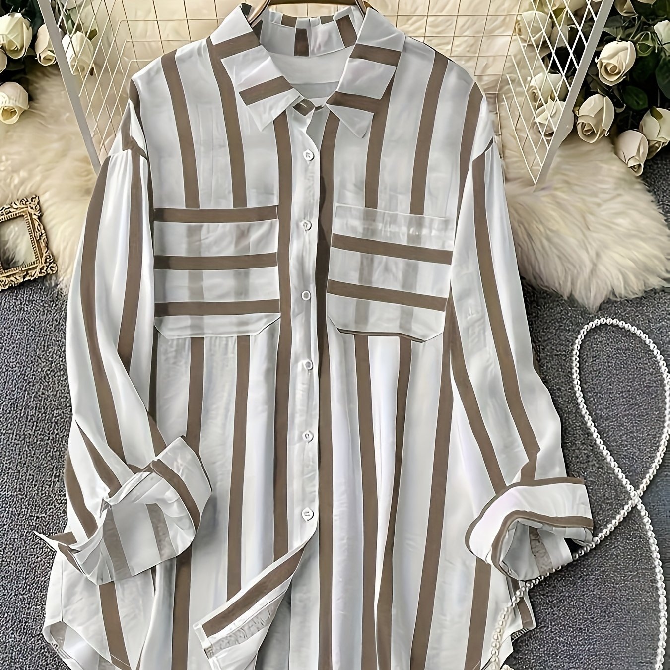 E-shop Elegantes, gerichtetes und wunderschönes Damenhemd, dünnes, atmungsaktives Damenhemd mit Streifen für den Sommer, lässiges, vielseitiges