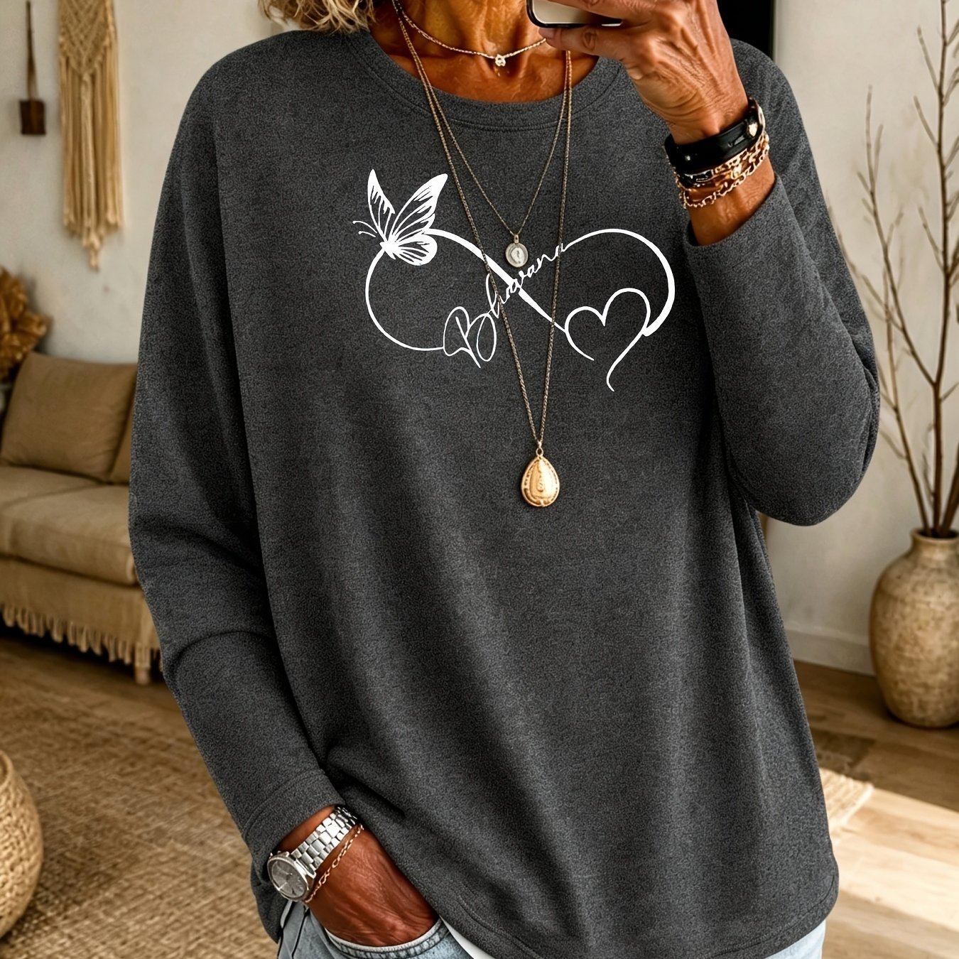 TEMU Plus Size Women's Long Sleeve Top T-shirt, Fashionable Vacation Soft Casual Plus Size Women's Clothing, Printed Base Layer Blouse, Pullover Top,
