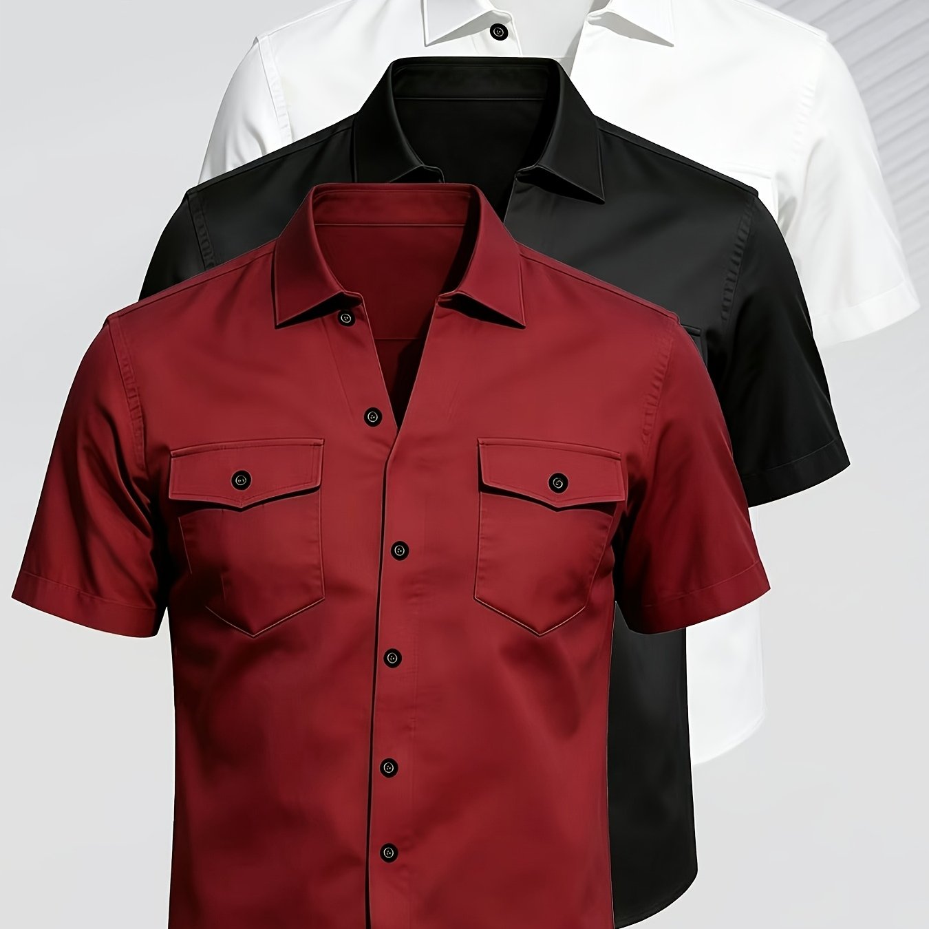 TEMU 3pcs Set Men'-pocket Short Sleeve Shirts Casual Workwear Style Lapel Open Front Top Versatile Top