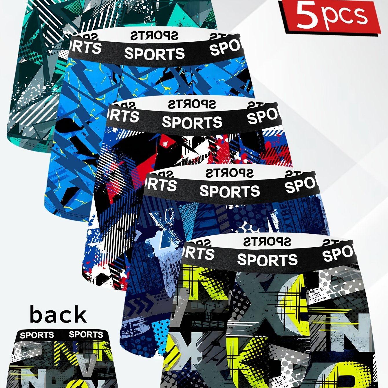 TEMU 5-pc Of Naughty And Cute Home Casual Men's Boxer Briefs, Sporty Geometric Colorful Print Boxer Briefs, Sporty Letter Jacquard Waistband, Knitted